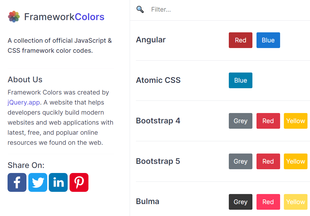 A collection of official JavaScript & CSS framework color codes.